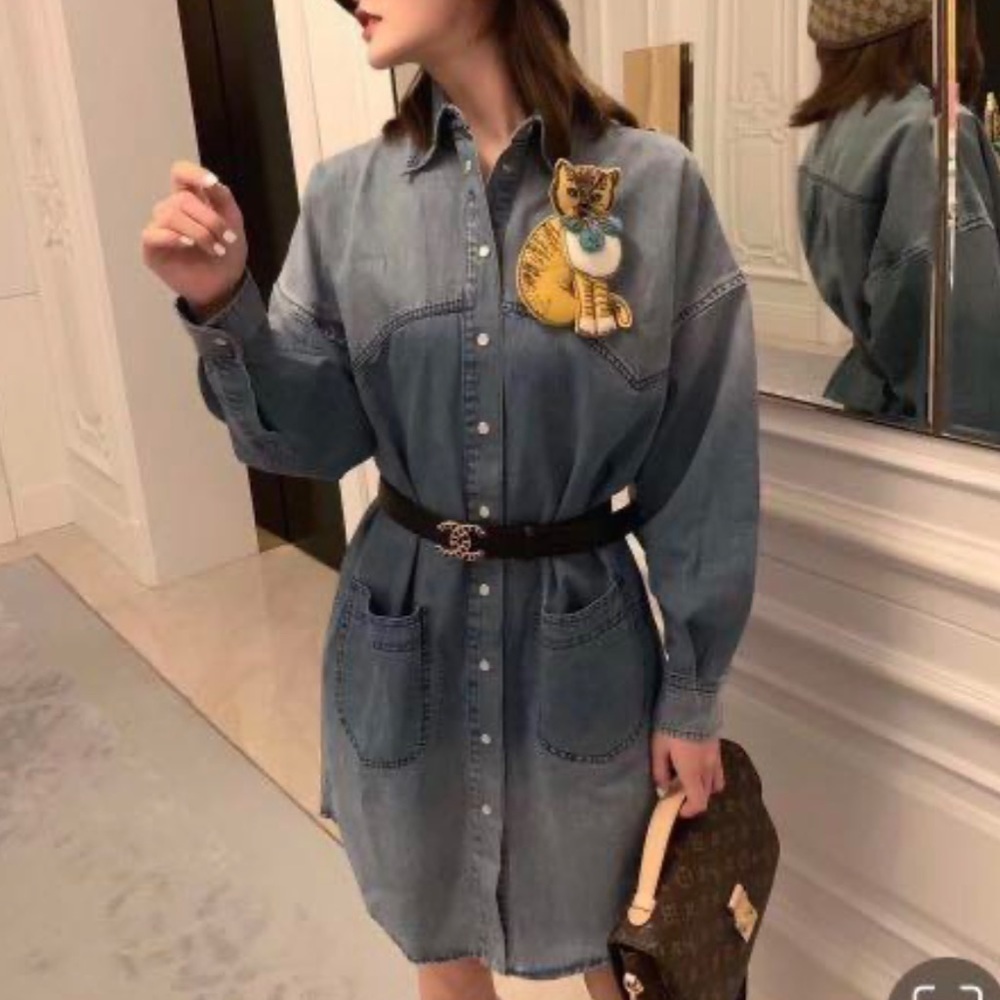 NWT Gucci Bleached Denim Snap Front Dress with 3D Cat Brooch Long Sleeve Sz 36